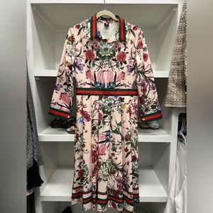 Floral with red stripe midi pleated dress